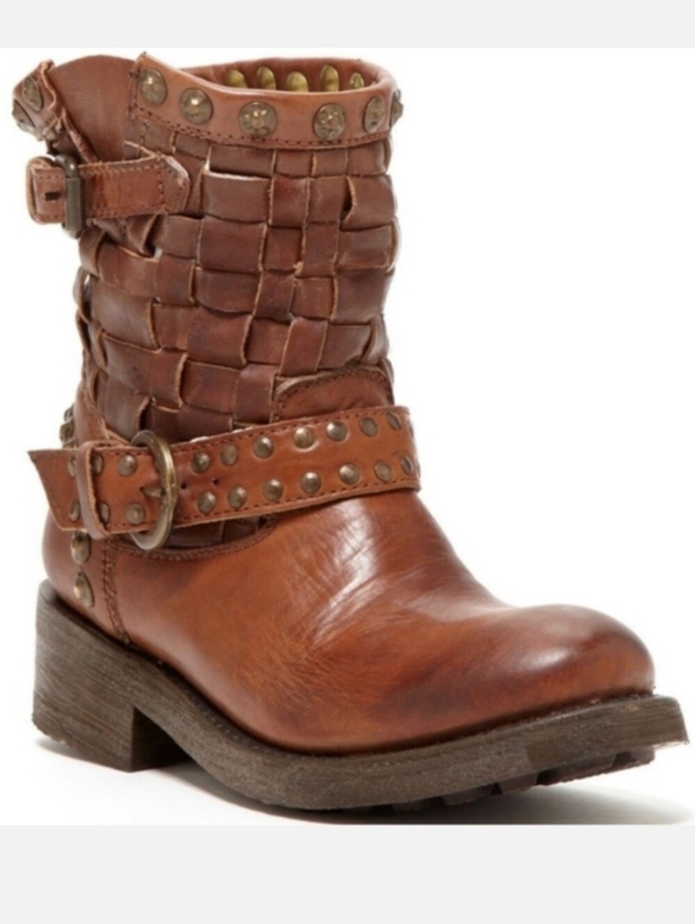 ASH "Tequila" Woven Leather Studded Moto Biker Boots - Brown - Size 39